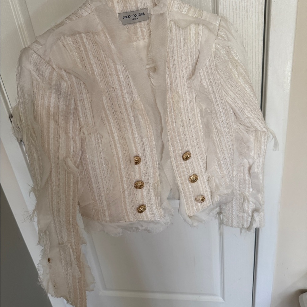 White and Gold Cropped Blazer with Textured Fabric and Rounded Collar